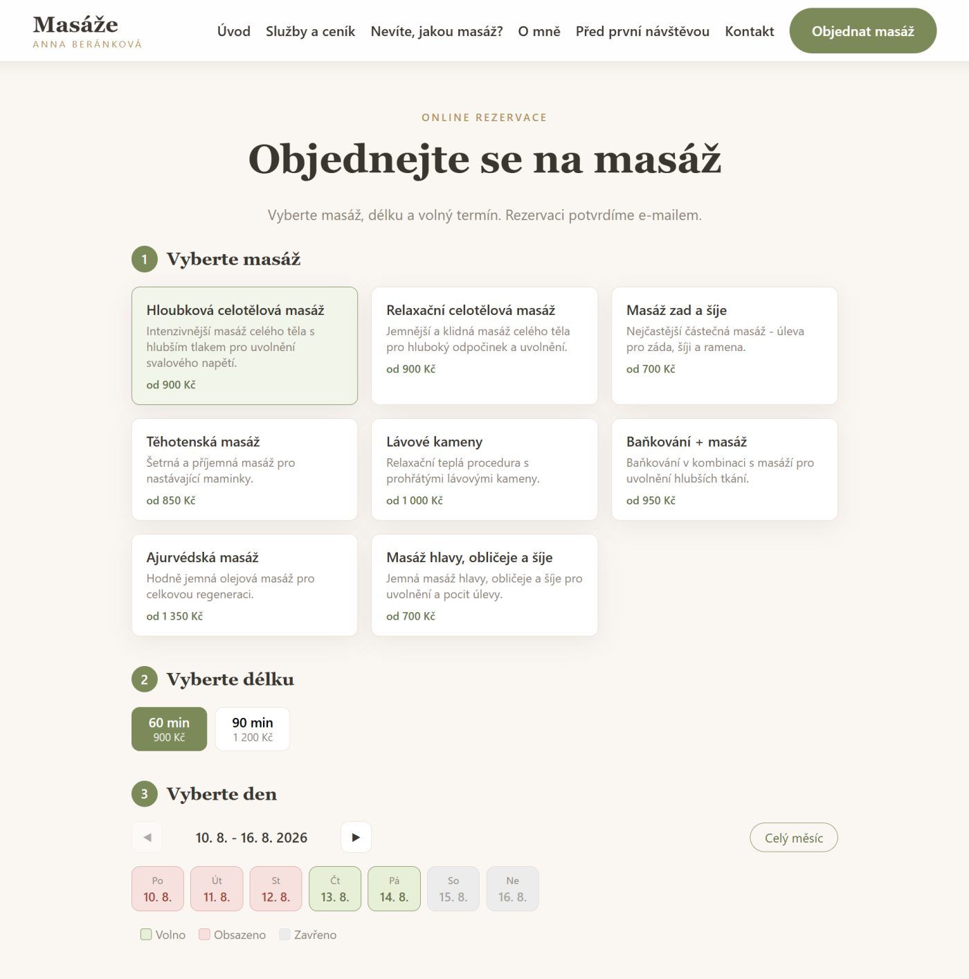Objednávkový formulář na webu: výběr masáže z karet s cenami, výběr délky a barevný kalendář volných dnů.