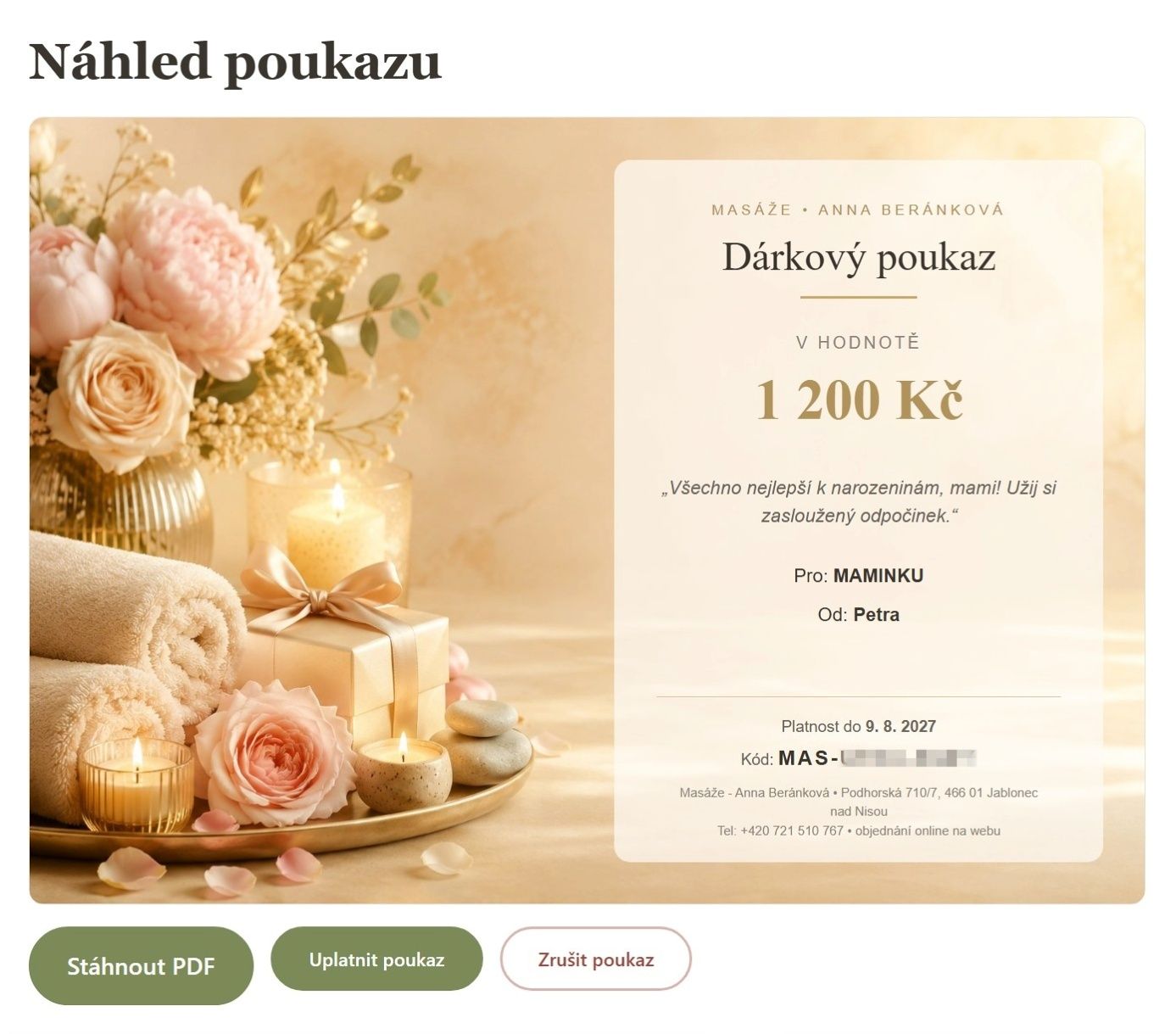 Náhled dárkového poukazu s motivem, hodnotou, věnováním, platností a kódem, připravený ke stažení v PDF.